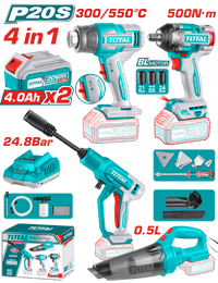TOTAL Cordless 4Pcs Combo Kit – 20V Heat Gun, Vacuum Cleaner, Pressure Washer & Impact Wrench with Accessories (TOSLI250208)