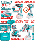 TOTAL Cordless 5 Pcs Combo Kit 20V with Brushless Impact Drill, Impact Driver, Angle Grinder, Work Lamps (TOSLI250692)