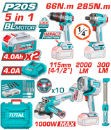 TOTAL Cordless 5 Pcs Combo Kit 20V with Brushless Impact Drill, Impact Driver, Angle Grinder, Work Lamps (TOSLI250692)