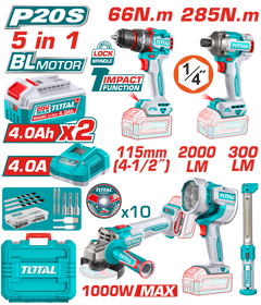 TOTAL Cordless 5 Pcs Combo Kit 20V with Brushless Impact Drill, Impact Driver, Angle Grinder, Work Lamps (TOSLI250692)