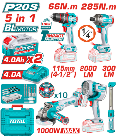TOTAL Cordless 5 Pcs Combo Kit 20V with Brushless Impact Drill, Impact Driver, Angle Grinder, Work Lamps (TOSLI250692)