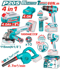 TOTAL Cordless 4 Pcs Combo Kit 20V – Angle Grinder, Impact Drill, Blower & Work Lamp Set (TOSLI250993)
