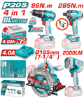 TOTAL Cordless 4 Pcs Combo Kit 20V – Brushless Drill, Impact Driver, Circular Saw & Work Lamp (TOSLI251082)