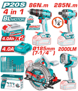TOTAL Cordless 4 Pcs Combo Kit 20V – Brushless Drill, Impact Driver, Circular Saw & Work Lamp (TOSLI251082)