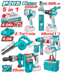 TOTAL 5 Pcs Cordless Industrial Combo Kit 20V – Rotary Hammer, Demolition Breaker, Drill, Blower, Work Lamp (TOSLI251083)