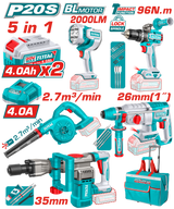 TOTAL 5 Pcs Cordless Industrial Combo Kit 20V – Rotary Hammer, Demolition Breaker, Drill, Blower, Work Lamp (TOSLI251083)