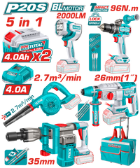 TOTAL 5 Pcs Cordless Industrial Combo Kit 20V – Rotary Hammer, Demolition Breaker, Drill, Blower, Work Lamp (TOSLI251083)
