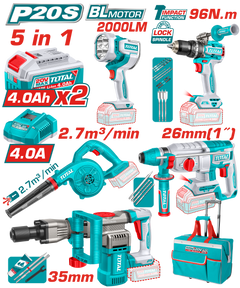 TOTAL 5 Pcs Cordless Industrial Combo Kit 20V – Rotary Hammer, Demolition Breaker, Drill, Blower, Work Lamp (TOSLI251083)
