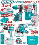 TOTAL Cordless 3 Pcs Combo Kit 20V – Brushless Impact Drill, Angle Grinder & Rotary Hammer Set (TOSLI251195)