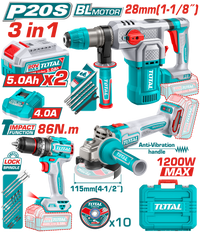 TOTAL Cordless 3 Pcs Combo Kit 20V – Brushless Impact Drill, Angle Grinder & Rotary Hammer Set (TOSLI251195)
