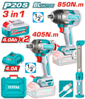 TOTAL 20V Cordless 3 Pcs Combo Kit – Brushless 850Nm & 405Nm Impact Wrenches with LED Work Lamp (TOSLI260285)