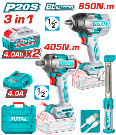 TOTAL 20V Cordless 3 Pcs Combo Kit – Brushless 850Nm & 405Nm Impact Wrenches with LED Work Lamp (TOSLI260285)