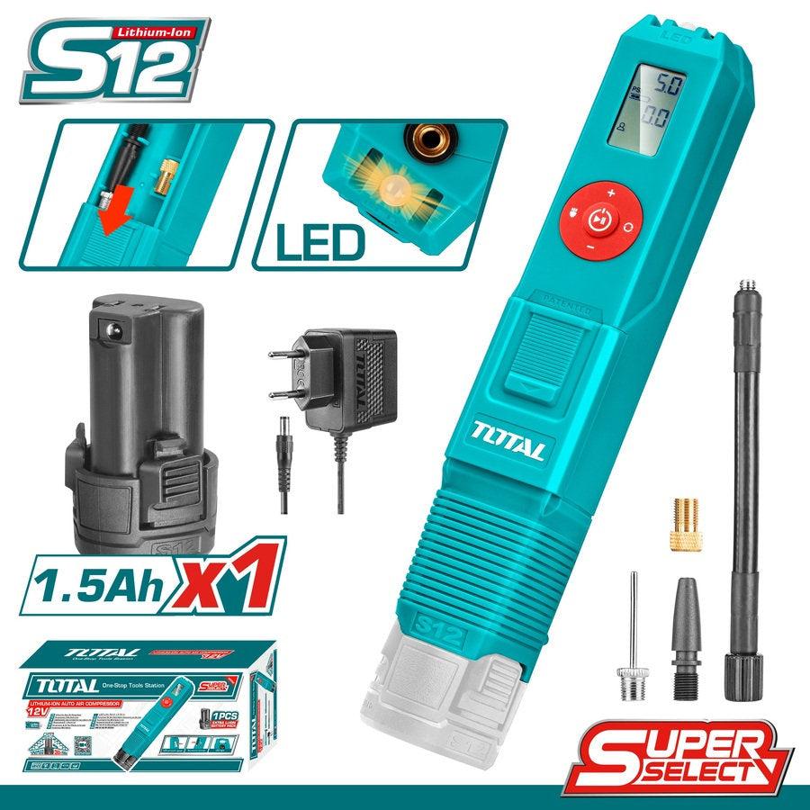 TOTAL 12V Cordless Air Inflator Compact & Powerful with Digital Display TOTAL 12V Cordless Air Inflator Compact & Powerful with Digital Display