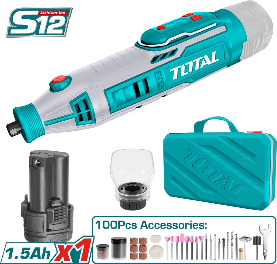 TOTAL 12V Cordless Mini Grinder & 100 Accessories Versatile & Powerful TOTAL 12V Cordless Mini Grinder & 100 Accessories Versatile & Powerful
