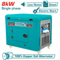 TOTAL Silent Diesel Generator 8.0kW Single Phase – 15HP Electric Start with Copper Coil (TP280001)