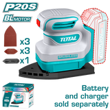 TOTAL 20V Cordless Palm Sander Brushless – 12000rpm with Sanding Pads & Papers (TPSLI2024)