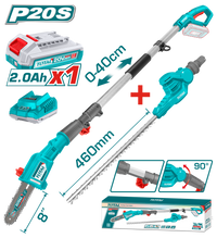 TOTAL 20V Cordless Pole Saw & Hedge Trimmer Set – 2-in-1 Long Reach Garden Tool with Battery (TPTS201681)
