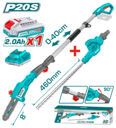 TOTAL 20V Cordless Pole Saw & Hedge Trimmer Set – 2-in-1 Long Reach Garden Tool with Battery (TPTS201681)