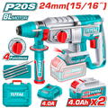 TOTAL 20V Cordless Rotary Hammer SDS Plus Brushless – 2.4J with 2×4.0Ah Batteries & Drill Set (TRHLI202482)