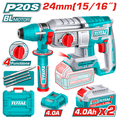 TOTAL 20V Cordless Rotary Hammer SDS Plus Brushless – 2.4J with 2×4.0Ah Batteries & Drill Set (TRHLI202482)
