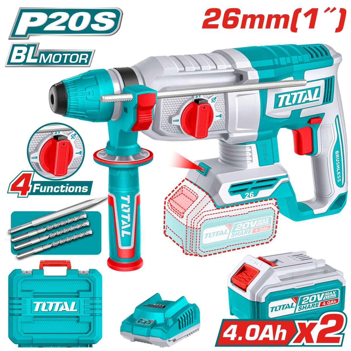 TOTAL 20V Rotary Hammer TRHLI202682 + 2x 4.0Ah Batteries TOTAL 20V Rotary Hammer TRHLI202682 + 2x 4.0Ah Batteries