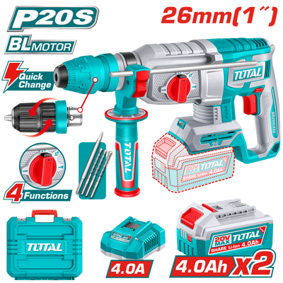 TOTAL 20V Cordless Rotary Hammer SDS Plus Brushless 2.5J – With Keyless Chuck & 2×4.0Ah Batteries (TRHLI202689)