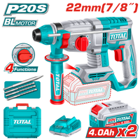 TOTAL 20V Cordless Rotary Hammer SDS Plus Brushless – 2.0J with 2×4.0Ah Batteries (TRHLI212282)