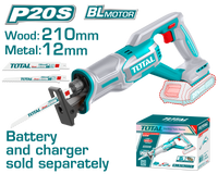 TOTAL 20V Cordless Reciprocating Saw – 0-2800rpm, Cutting Capacity Wood 210mm & Metal 12mm, Blades Included (TRSLI2108)