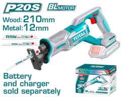 TOTAL 20V Cordless Reciprocating Saw – 0-2800rpm, Cutting Capacity Wood 210mm & Metal 12mm, Blades Included (TRSLI2108)