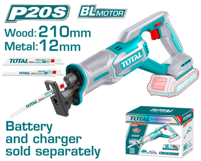 TOTAL 20V Cordless Reciprocating Saw – 0-2800rpm, Cutting Capacity Wood 210mm & Metal 12mm, Blades Included (TRSLI2108)