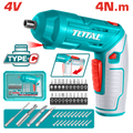 TOTAL Cordless Screwdriver – 4V, 240rpm, 4N.m Torque, 1/4" Hex, Adjustable Handle with 23-Pc Bit Set (TSDLI04425)