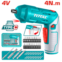 TOTAL Cordless Screwdriver – 4V, 240rpm, 4N.m Torque, 1/4" Hex, Adjustable Handle with 23-Pc Bit Set (TSDLI04425)