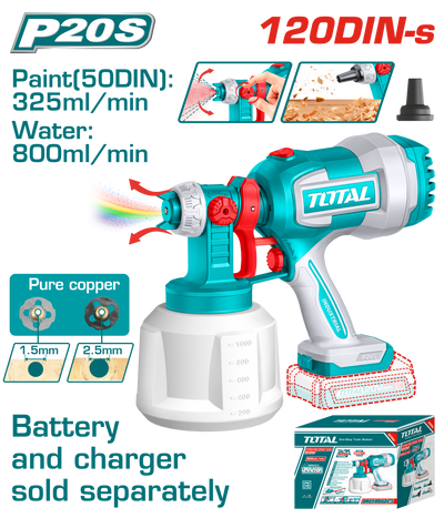 TOTAL 20V Cordless Spray Gun – 1000ml Paint Sprayer with Adjustable Spray - Battery & Charger Sold Separately (TSGLI2004)