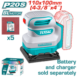 TOTAL Cordless Sheet Sander 20V | 110mmx100mm – Brushless Finishing Sander - Battery & Charger Sold Separately (TSHSLI2024)