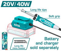 TOTAL 20V Cordless Soldering Iron 40W – Portable Battery-Powered Soldering Tool (TSILI2001)