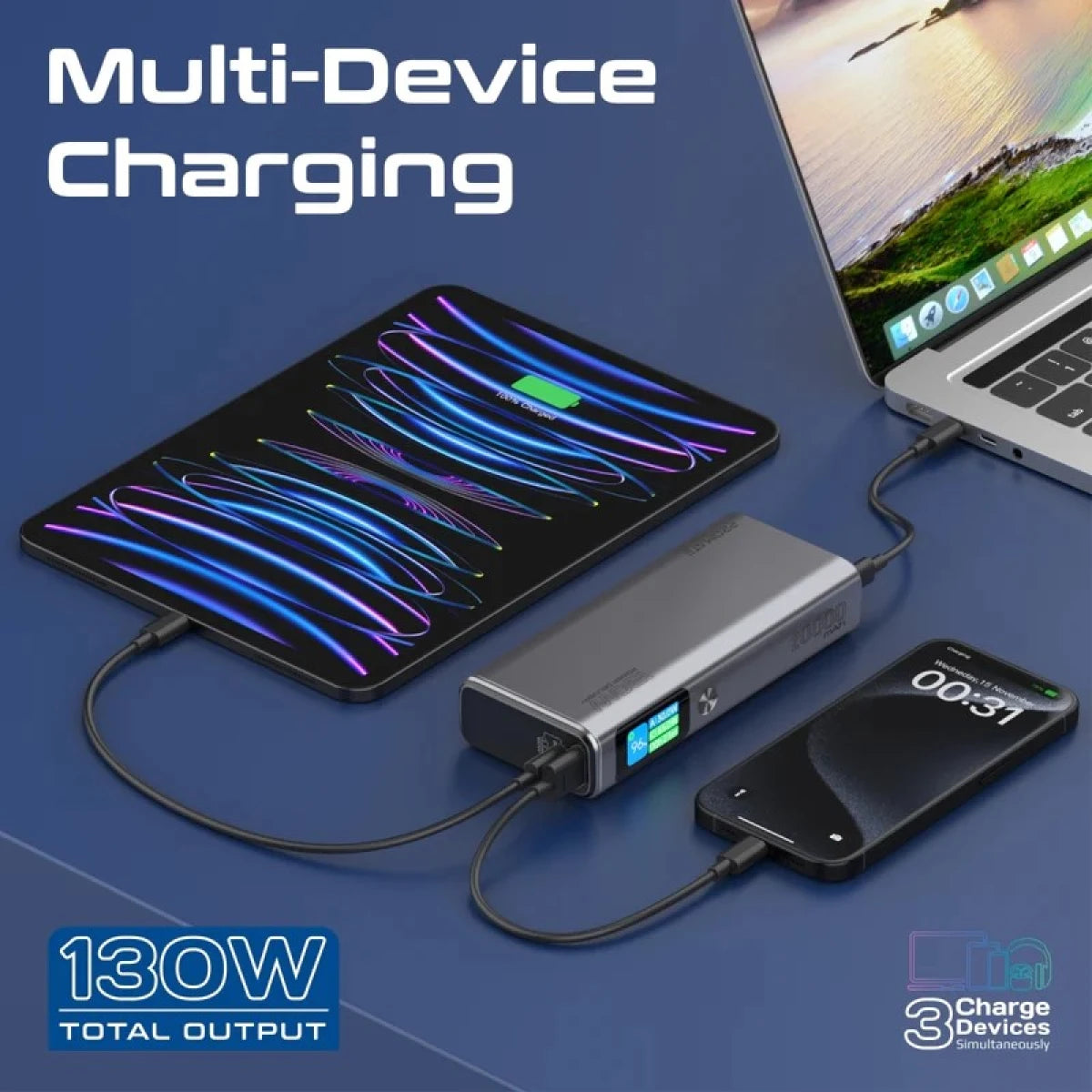 Promate Titan-130 Multi-Port Power Delivery Power Bank with TFT LCD Screen, 130W, 20000mAh Promate Titan-130 Multi-Port Power Delivery Power Bank with TFT LCD Screen, 130W, 20000mAh