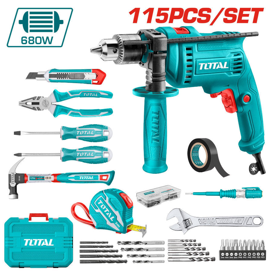 Total 680W Electric Drill with 115-Piece Tool Set Complete Solution Total 680W Electric Drill with 115-Piece Tool Set Complete Solution
