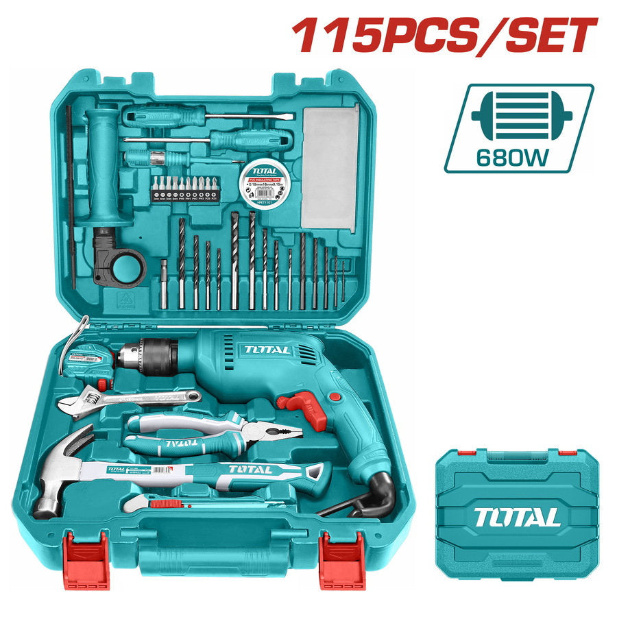 Total 680W Electric Drill with 115-Piece Tool Set Complete Solution Total 680W Electric Drill with 115-Piece Tool Set Complete Solution