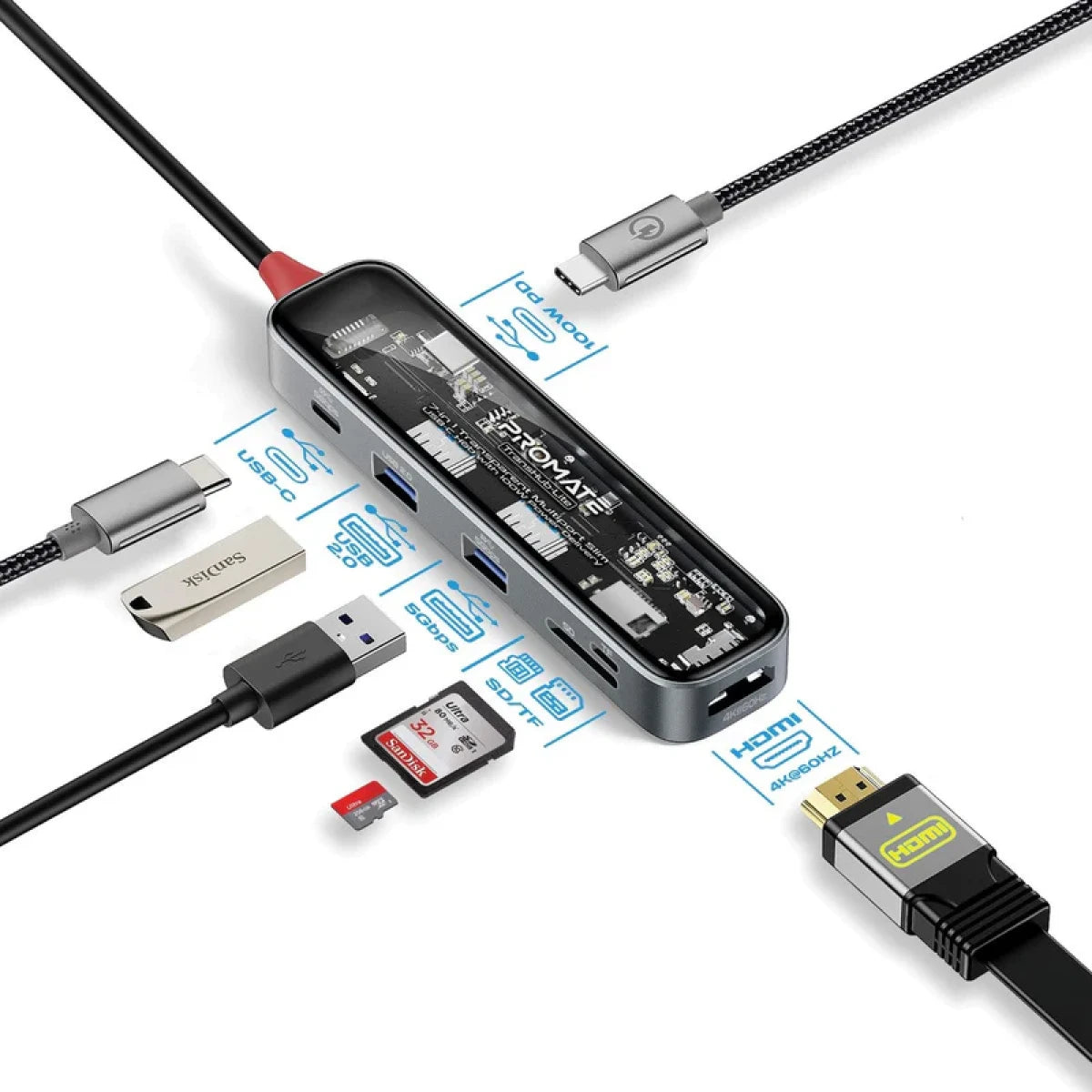 Promate TransHub-Lite 7-in-1 Transparent USB-C Hub