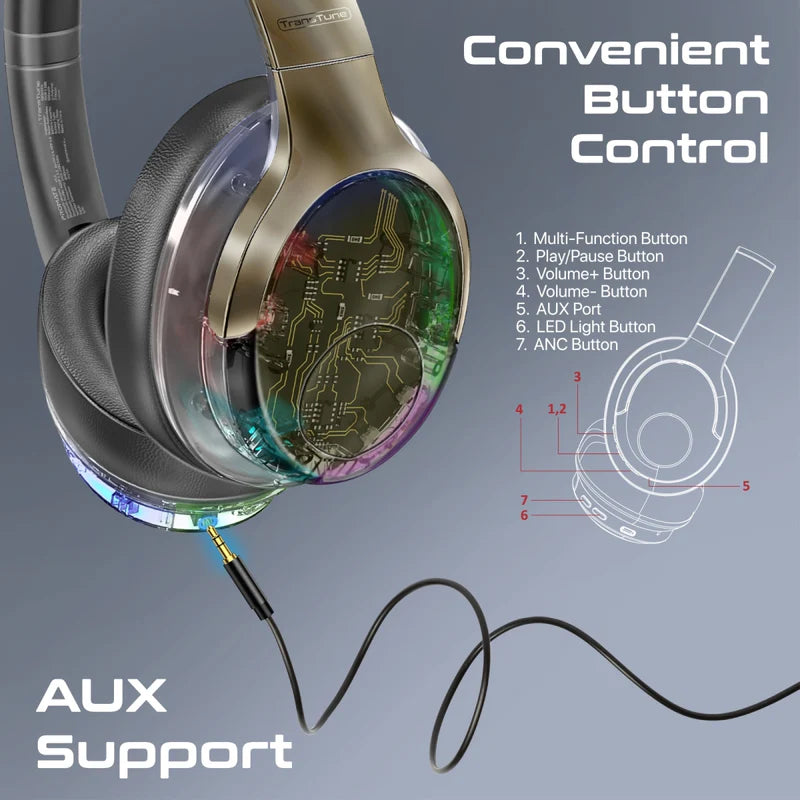 Promate TransTune Active Noise Cancelling Hi-Fi Stereo Wireless Headphones with RGB Lights - Silver