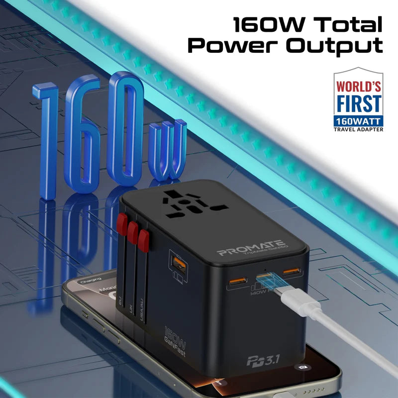 Promate TripMate-GaN160 160W Multi-Port Travel Adapter