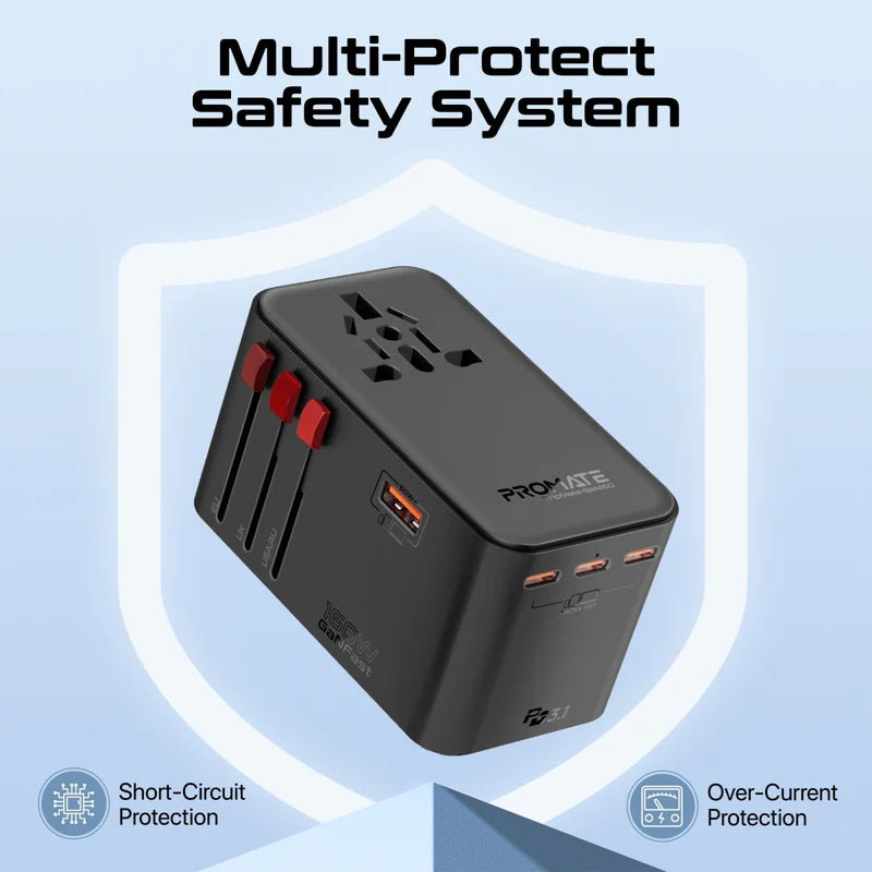 Promate TripMate-GaN160 160W Multi-Port Travel Adapter