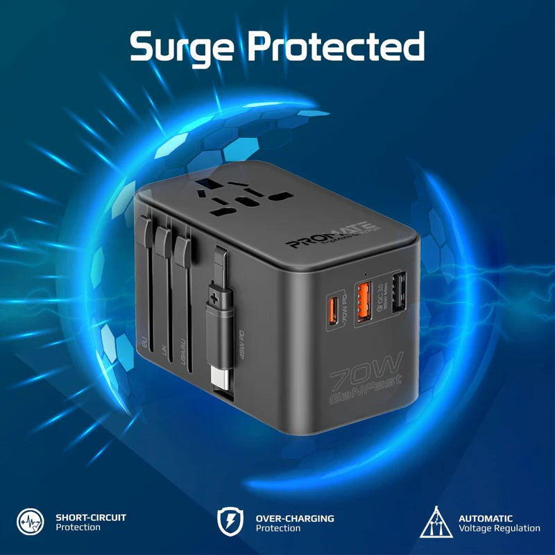 Promate TripMate-GaN70R 70W GaN Travel Adapter with Retractable Built-in USB-C Cable