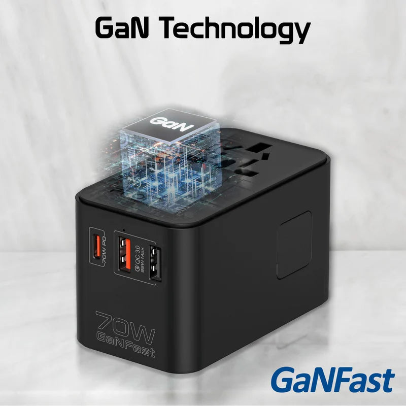 Promate TripMate-GaN70R 70W GaN Travel Adapter with Retractable Built-in USB-C Cable
