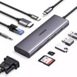 محول UGREEN USB-C شامل 9 في 1 مع HDMI/VGA/شبكة وصوت

