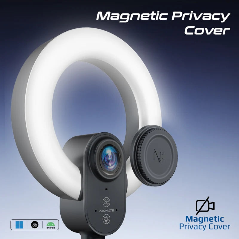 Promate VistaCam 2K Ultra-HD Webcam with Built-in Mic & Ring Light and detachable Tripod