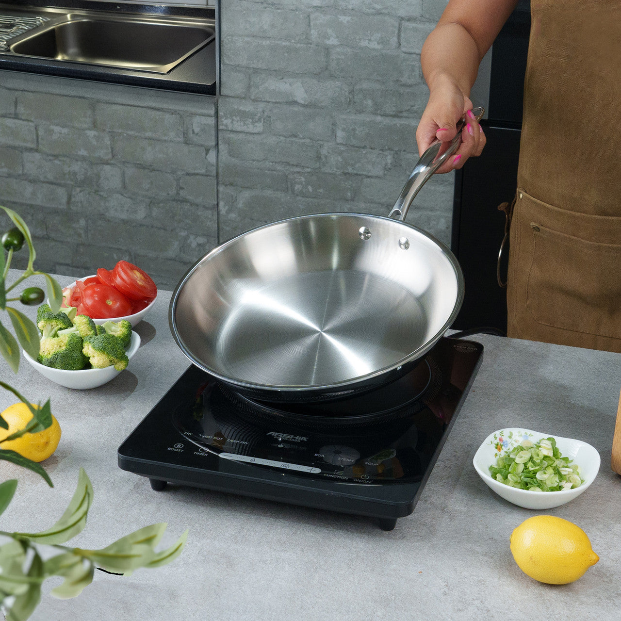 Arshia 26cm Tri-Ply Stainless Steel Frying Pan with Aluminum Core