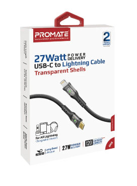 PROMATE 27W Power Delivery USB-C to Lightning Cable with Transparent Shells