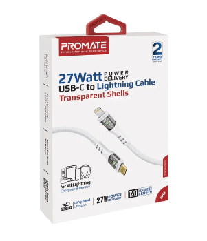 PROMATE 27W Power Delivery USB-C to Lightning Cable with Transparent Shells