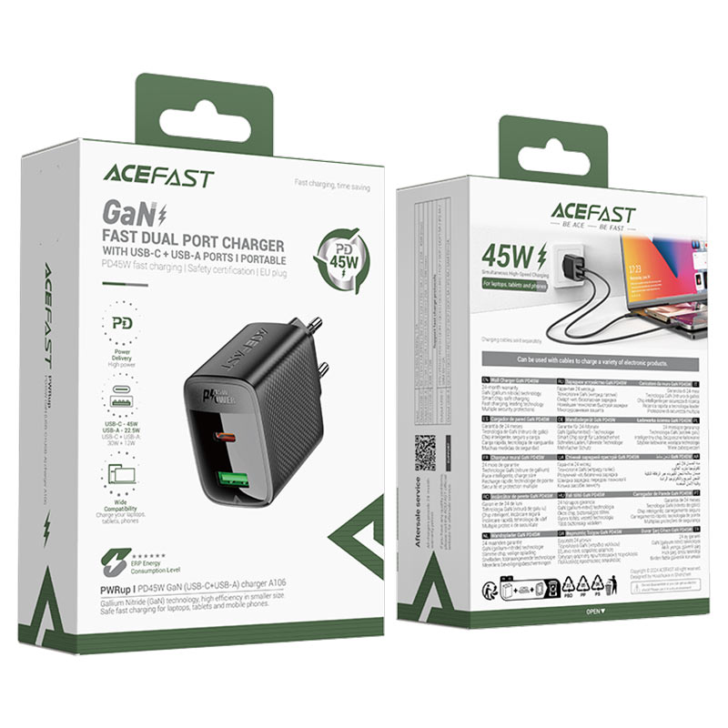 ACEFAST A106 PD45W GaN Wall Charger Dual Port USB-C + USB-A (EU)